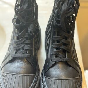 Fendi FF Monogram Combat Boots Lug Sole Black Leather Canvas EU 40